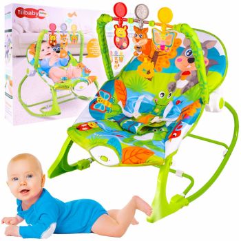 Balansoar multifunctional cu Muzica, Vibratii, bara detasabila cu 3 jucarii suspendate, Scaunel rabatabil in 2 pozitii, Husa detasabila, Green