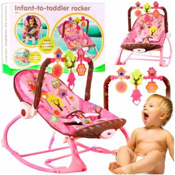 Balansoar multifunctional cu Muzica, Vibratii, bara detasabila cu 3 jucarii suspendate, Scaunel rabatabil in 2 pozitii, Husa detasabila, Pink