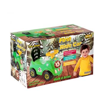 Masinuta copii fara pedale Tiger Jungle Green, spatar cu posibilitatea de impingere, volan cu claxon, recomandata copiilor de la 12 luni