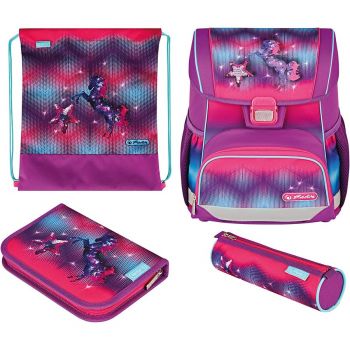 Jucarie Loop Plus Funky Horse, school bag (purple/pink, incl. 16-piece school case, pencil case, sports bag)