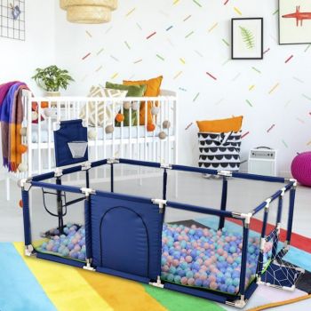Tarc de joaca pentru copii, NiceKids, pliabil, intrare laterala cu fermoar, Cos de baschet si poarta incorporate, dimensiune 235 x 129 cm, Bleumarin