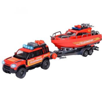 Jucarie Land Rover fire engine with boat, toy vehicle