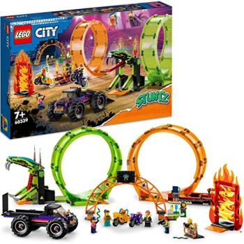 Jucarie 60339 City Stuntz Stunt Show Double Loop Set, Construction Toy (Incl. Ramp, Monster Truck, 2x Motorbike and 7 Minifigures)