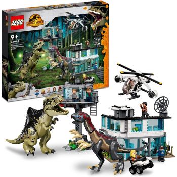 Jucarie 76949 Jurassic World Giganotosaurus & Therizinosaurus Attack Construction Toy (Set includes Toy Helicopter, Garage, Car and 2 Dinosaur Figures)