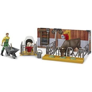 Jucarie bworld cow and calf barn with farmer, backdrop (multicolored)