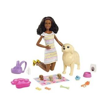 Jucarie doll (brunette) with dog + puppies - HCK76
