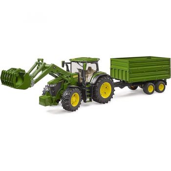 Jucarie John Deere 7R 350 with front loader and tandem axle transport trailer, model vehicle