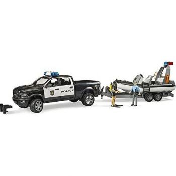 Jucarie RAM 2500 police pickup, L+S module, trailer with boat, model vehicle (black/white, including 2 figures)