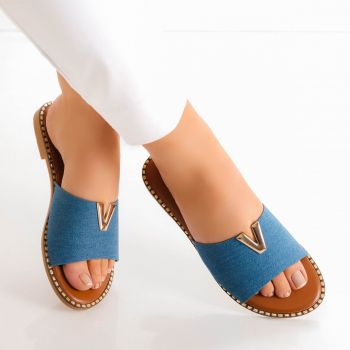 Papuci dama fara toc Albastri din Piele Eco/textil Dalto la reducere