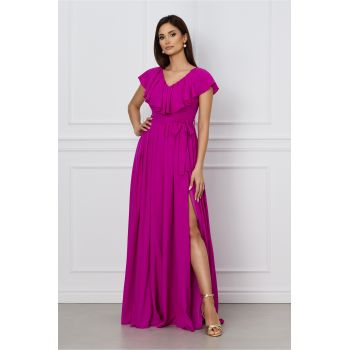 Rochie Dy Fashion magenta lunga cu volan la bust si cordon in talie