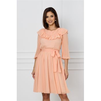 Rochie Dy Fashion peach cu volanas la bust si cordon in talie la reducere