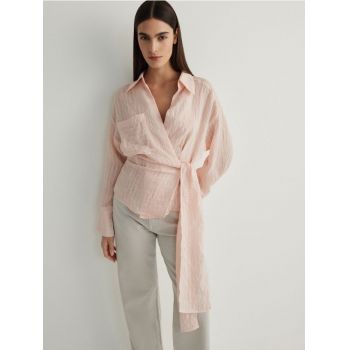 Reserved - Bluză petrecută în față, cu șnur decorativ - roz-pastel ieftini