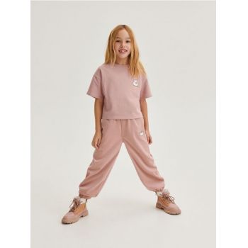Reserved - Pantaloni din bumbac, cu broderie englezească - roz-pastel