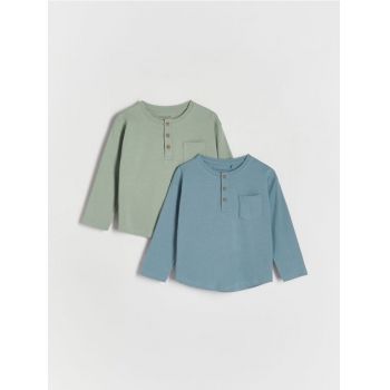 Reserved - Set de 2 tricouri cu mânecă lungă și buzunar - verde-pal ieftin