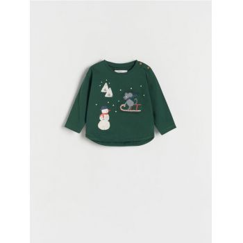 Reserved - Tricou de Crăciun oversized, cu mânecă lungă - verde-metalizat ieftin