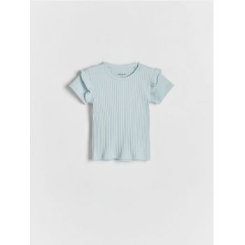 Reserved - Bluză din tricot striat, cu volănașe - turcoaz-pal ieftin