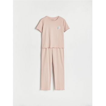 Reserved - Pijama din bumbac în dungi - roz-pudră