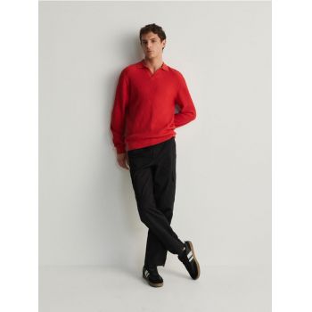 Reserved - Tricou polo din bumbac cu mânecă lungă - roșu ieftin
