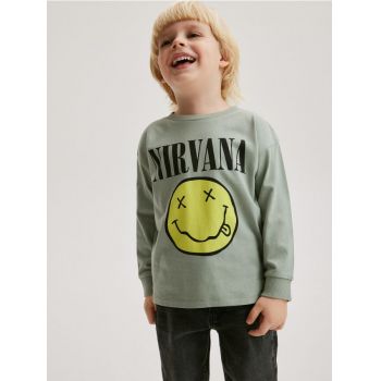 Reserved - Tricou oversized Nirvana cu mânecă lungă - verde-pal