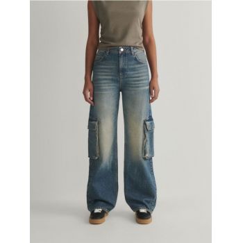 Reserved - Blugi wide leg cu buzunare cargo - indigo jeans