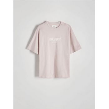 Reserved - Tricou oversized cu imprimeu în relief - roz-pudră ieftin