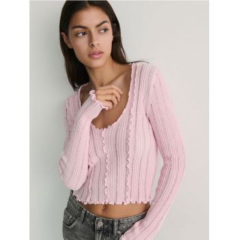Reserved - Pulover tricotat texturat - roz-pastel de firma original