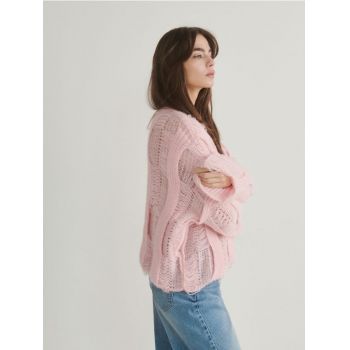 Reserved - Pulover tricotat texturat - roz-pastel ieftin