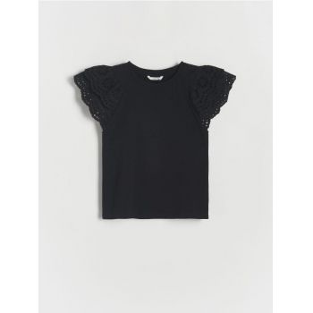 Reserved - Tricou din bumbac, cu volănașe - negru