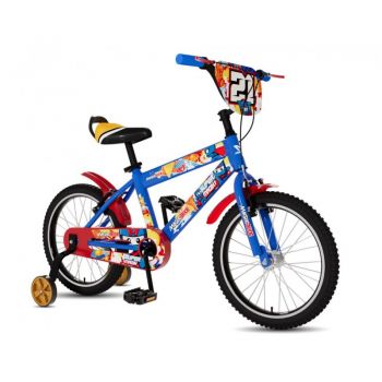 Bicicleta pentru copii 14 inch Magik Bikes 2 frane de mana roti ajutatoare Albastra la reducere