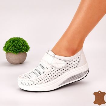 Pantofi Casual Sport Dama Albi Piele Naturala Daly ieftini la reducere