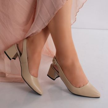Pantofi dama cu toc Bej din Piele Naturala Lezena