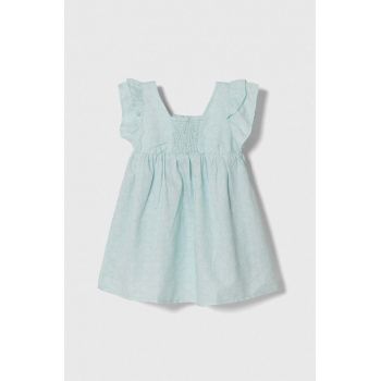 United Colors of Benetton rochie din in pentru copii culoarea turcoaz, mini, evazati ieftina