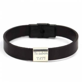 Bratara piele barbati cu placuta Argint personalizata gravura text (inchizatoare clips, inox negru) Bratara piele barbati cu placuta Argint personalizata gravura text (inchizatoare clips, inox negru)