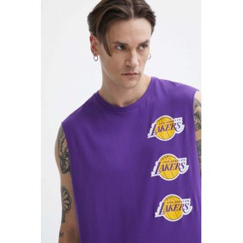 New Era tricou din bumbac barbati, culoarea violet, LOS ANGELES LAKERS ieftin
