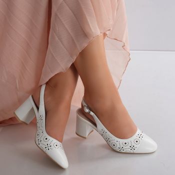 Pantofi dama cu toc Albi din Piele Naturala Jazel