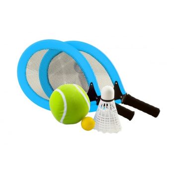 Set de 2 palete tenis moi pentru parc si plaja - 2 mingi si fluturas badminton, in rucsac, culoare albastru ieftin