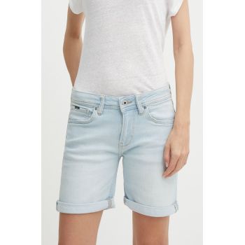 Pepe Jeans pantaloni scurti jeans SLIM SHORT MW femei, neted, medium waist, PL801120RH6 ieftini