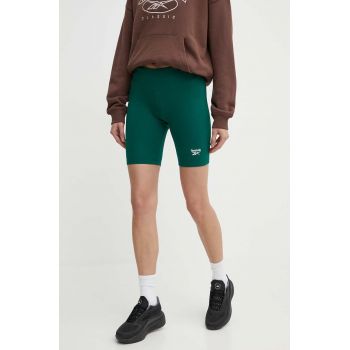 Reebok pantaloni scurti Identity femei, culoarea verde, neted, high waist, 100076030 ieftini