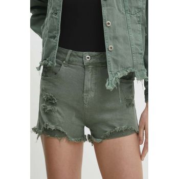 Answear Lab pantaloni scurti jeans femei, culoarea verde, neted, high waist ieftini