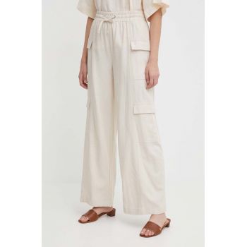 Dkny pantaloni din in culoarea bej, drept, high waist, DJ4P3015