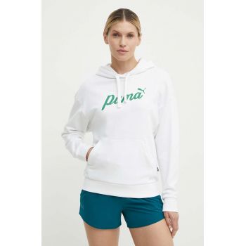 Puma bluză femei, culoarea alb, cu glugă, imprimeu, 679348