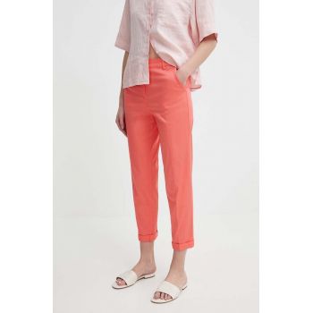 Sisley pantaloni femei, culoarea portocaliu, fason tigareta, high waist