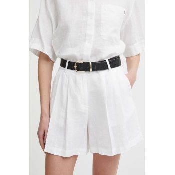 Sisley pantaloni scurti din in culoarea alb, neted, high waist de firma originali