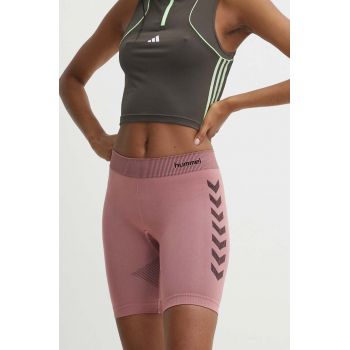 Hummel pantaloni scurți de antrenament First Seamless culoarea roz, cu imprimeu, high waist, 212556 ieftini