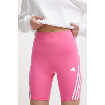 adidas pantaloni scurti femei, culoarea roz, cu imprimeu, high waist, IS3630
