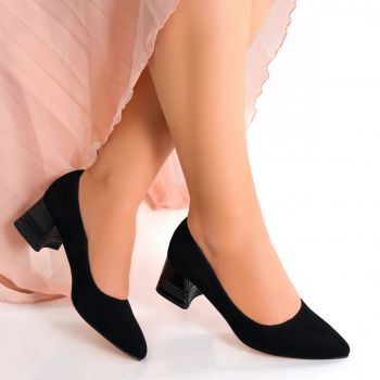 Pantofi dama cu toc Negri din Piele Naturala Intoarsa Beleza
