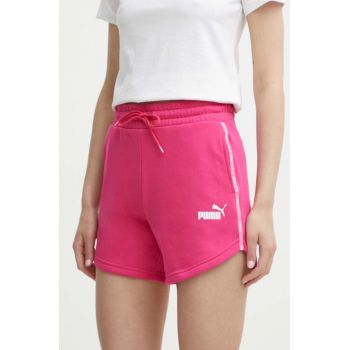Puma pantaloni scurti femei, culoarea roz, cu imprimeu, high waist, 677924