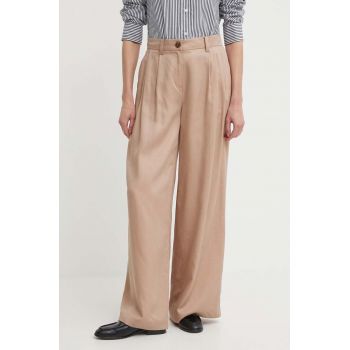 Sisley pantaloni femei, culoarea bej, lat, high waist