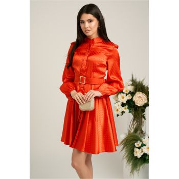Rochie Dy Fashion corai cu buline in relief si curea in talie