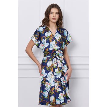 Rochie Mira bleumarin cu imprimeuri florale si cordon in talie ieftina